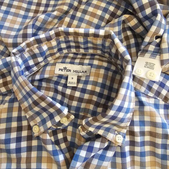 PETER MILLAR Blue Tan Check Long Sleeve Button Down Shirt Men's size Small - Picture 3 of 5